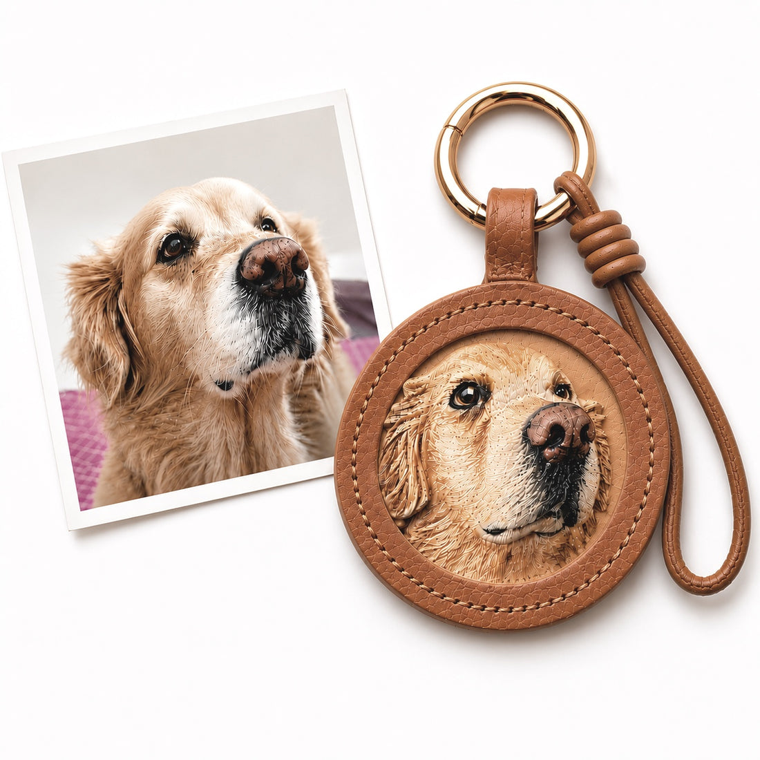 Product image of an embossed leather pet keychain with a custom dog or cat portrait.
