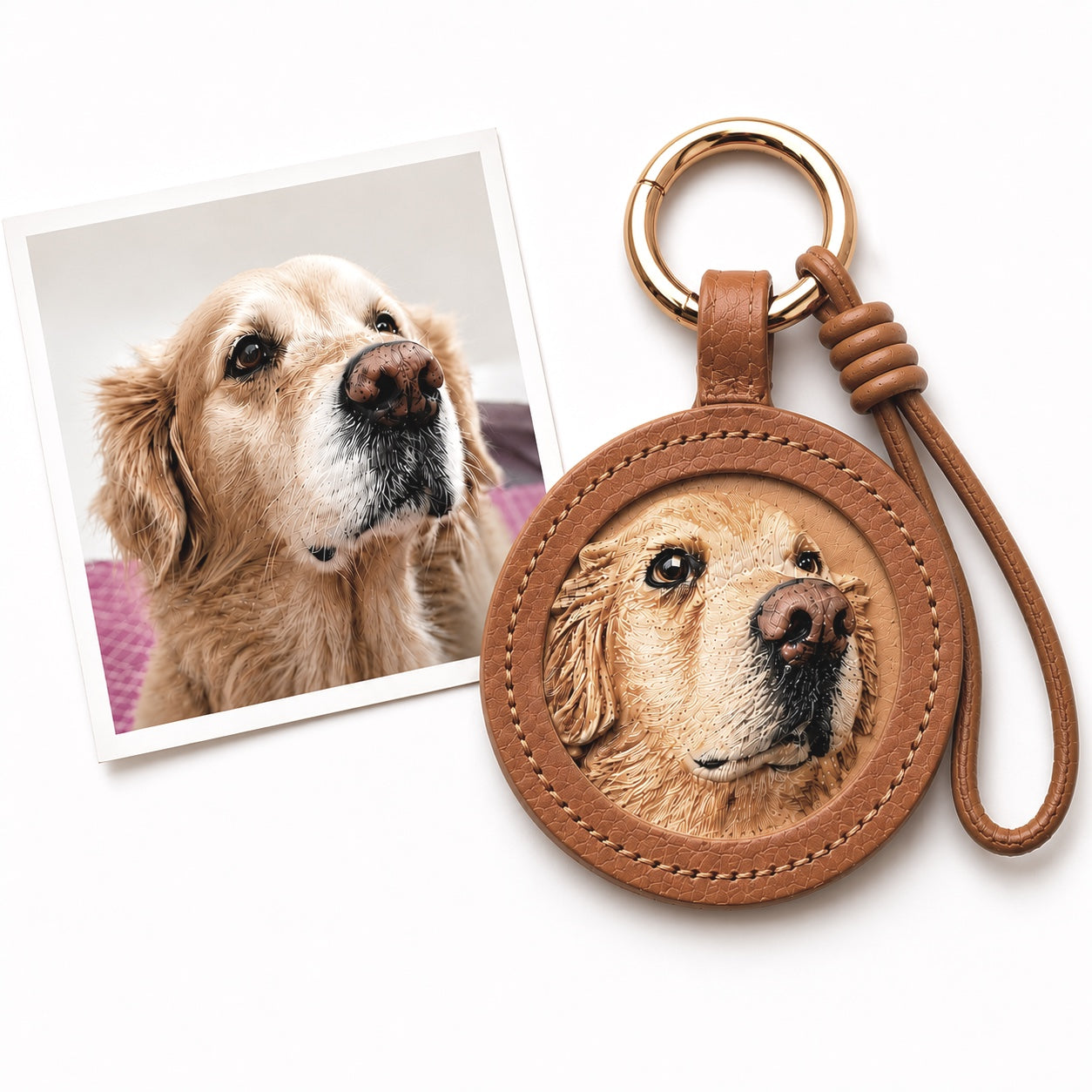 Product image of an embossed leather pet keychain with a custom dog or cat portrait.