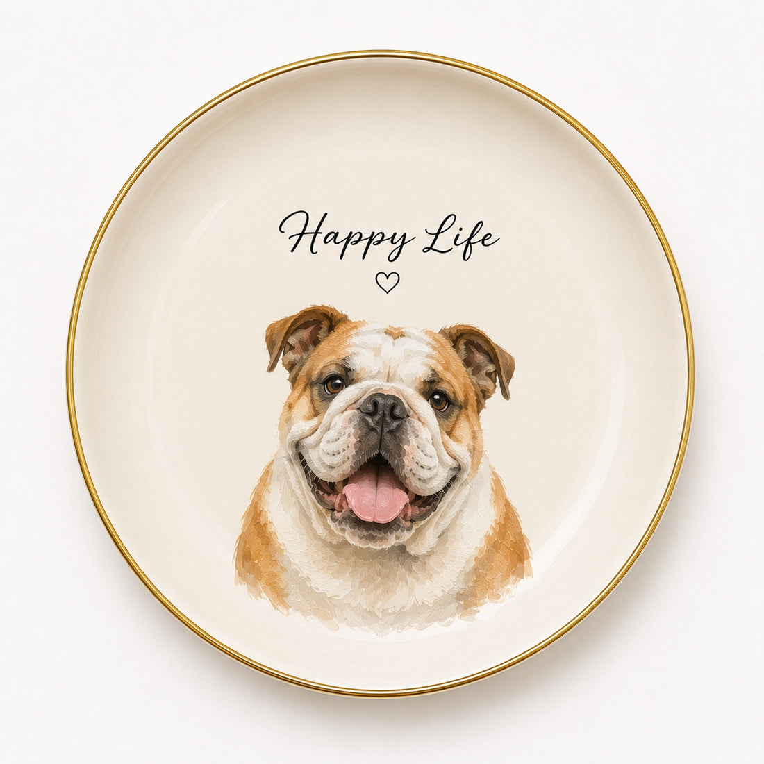 Product image of a custom pet portrait ceramic jewelry dish with a gold rim.
