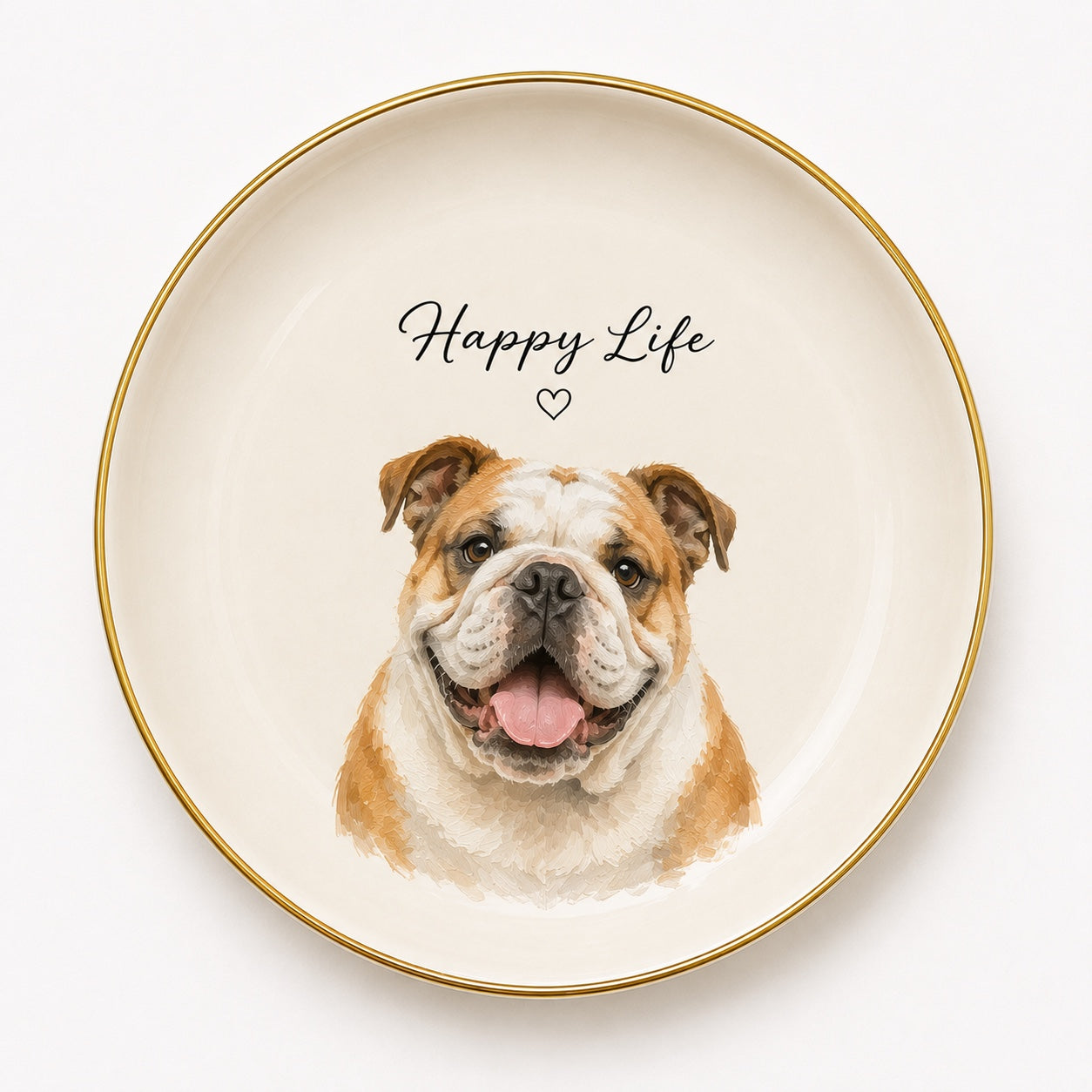 Product image of a custom pet portrait ceramic jewelry dish with a gold rim.