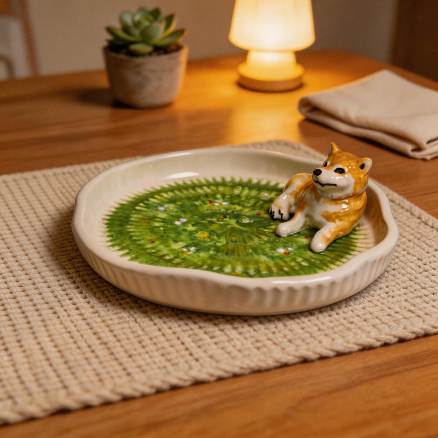Angled view of a custom ceramic plate showing the raised pet and grass details.