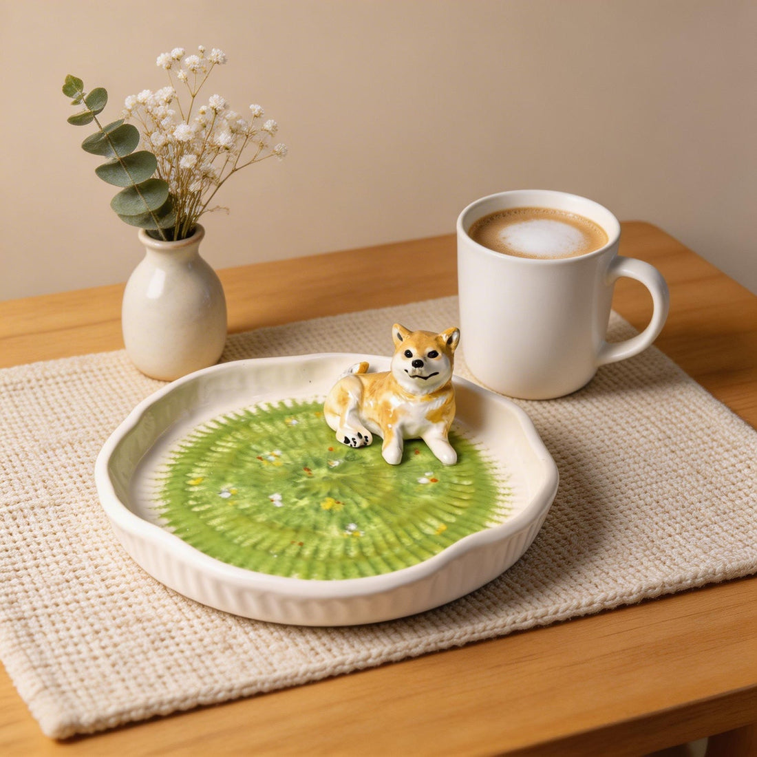 Front view of a ceramic plate featuring a custom pet in a grass scene.