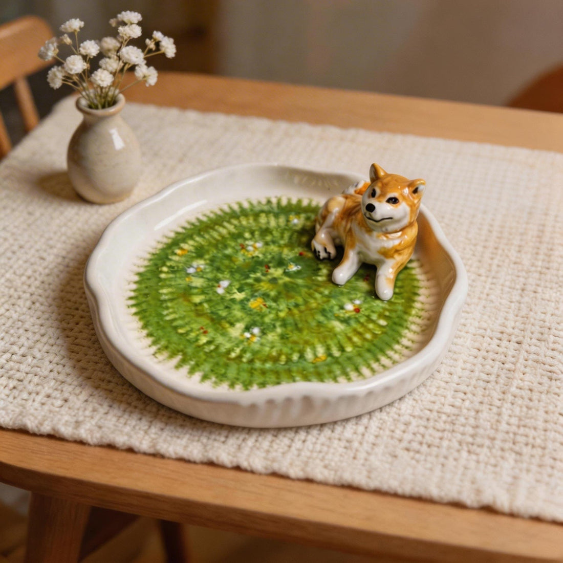 Front view of a ceramic plate featuring a custom pet in a grass scene.