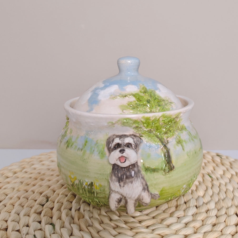Custom ceramic pet urn in a forest scene displayed with the reference photo of the black and white dog used for the sculpture.