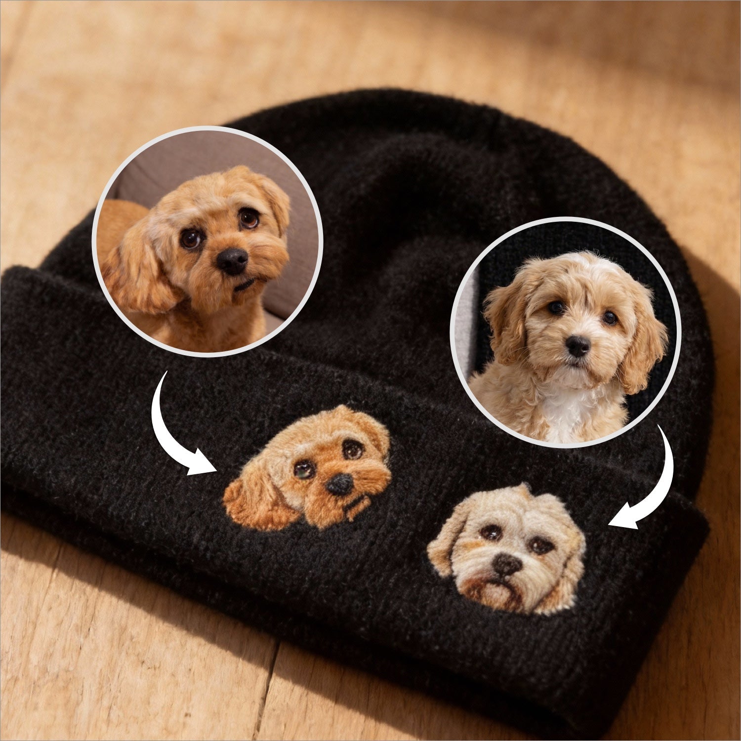 Custom pet portrait wool beanie shown in different available colors.
