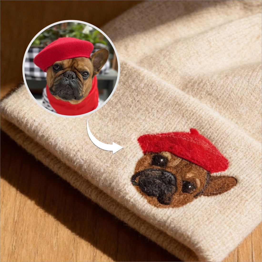 Close-up of the hand-felted pet portrait on a custom wool beanie.