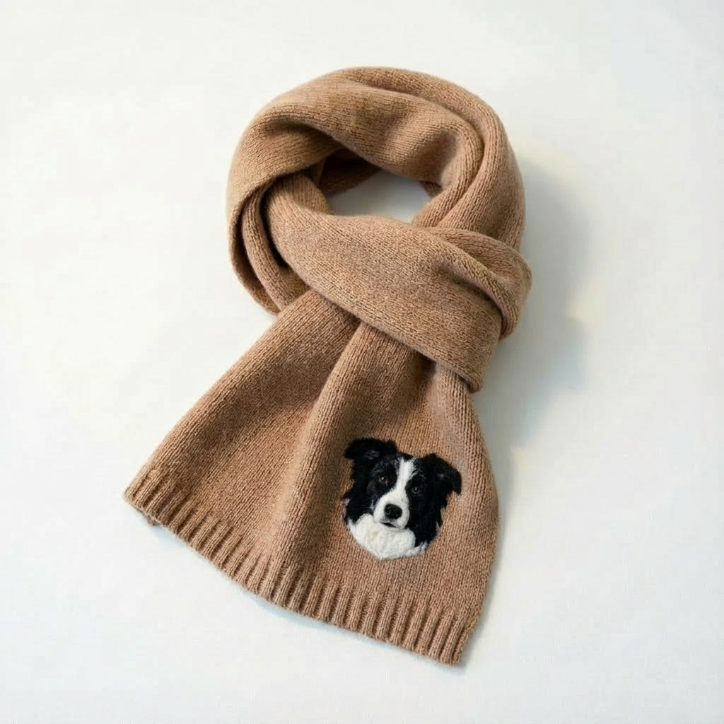 Custom pet portrait scarf shown in different knit color options.