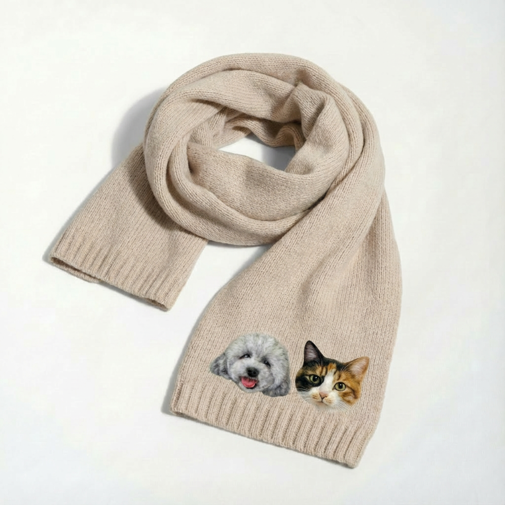 Close-up detail view of custom pet portrait knit scarf for 1 or 2 pets highlighting the personalized finish.