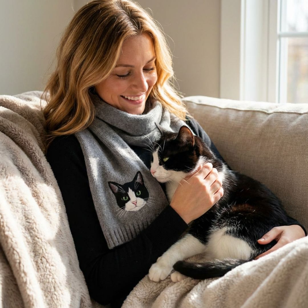 Full view of a knit scarf personalized with custom pet portraits.