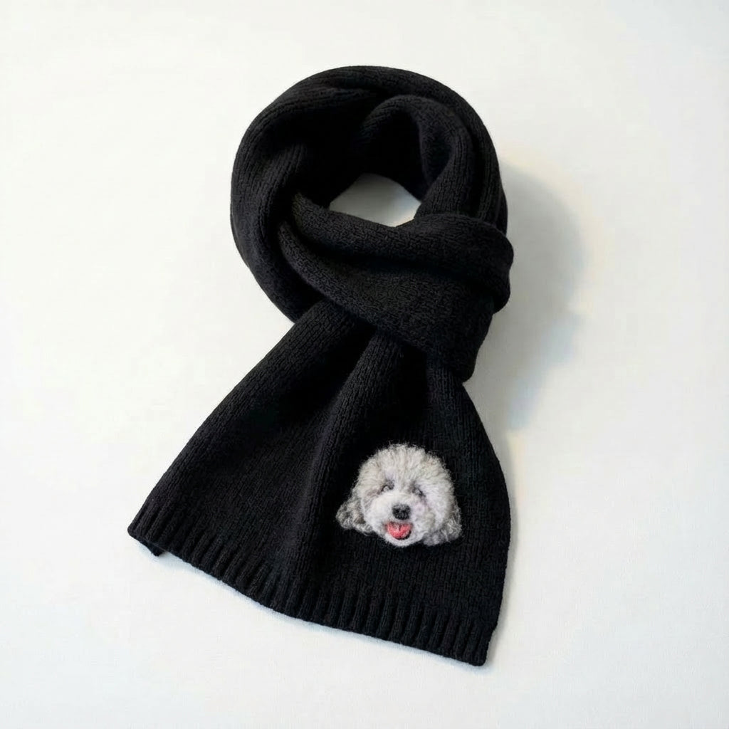 Full view of a knit scarf personalized with custom pet portraits.
