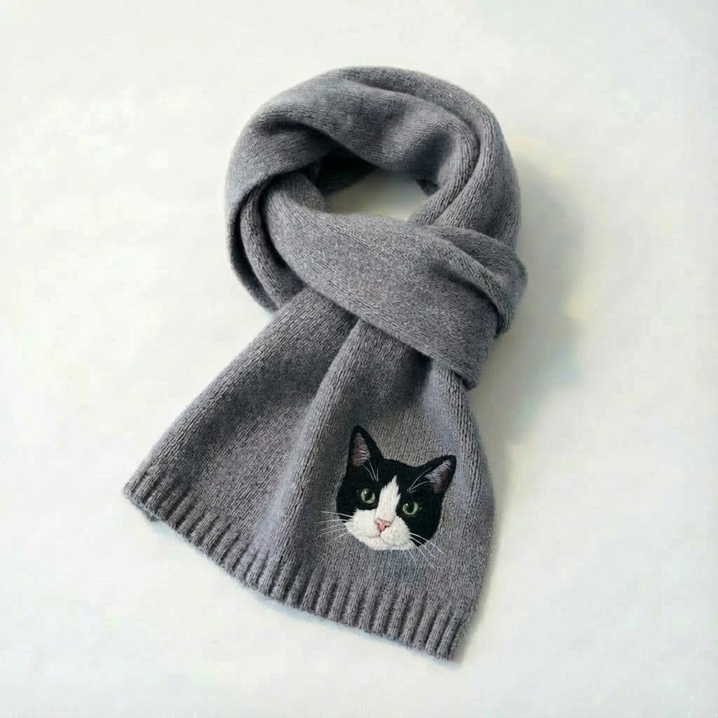 Personalized pet portrait scarf worn as a custom winter accessory.