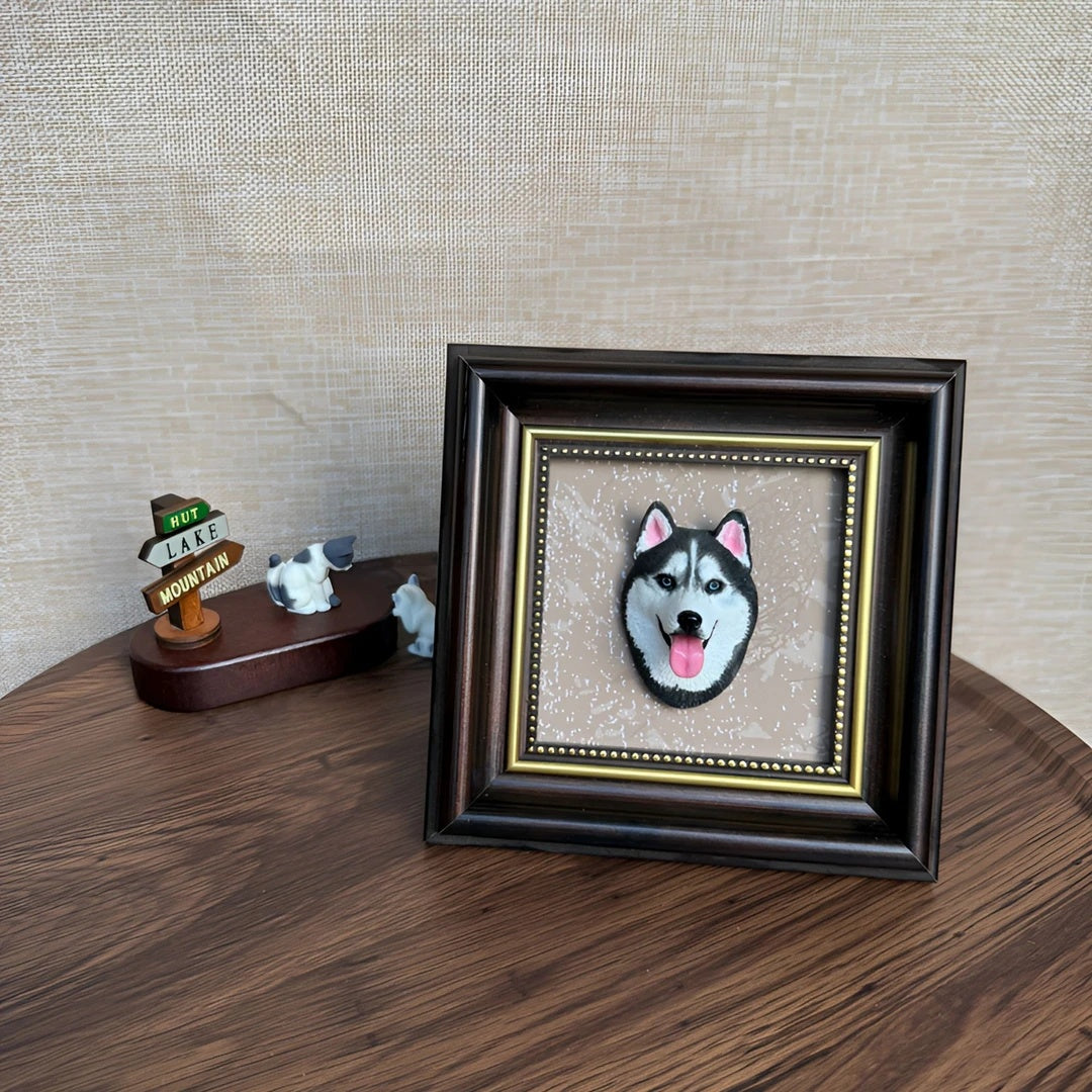 Front view of a small hand-sculpted pet magnet based on a custom photo.