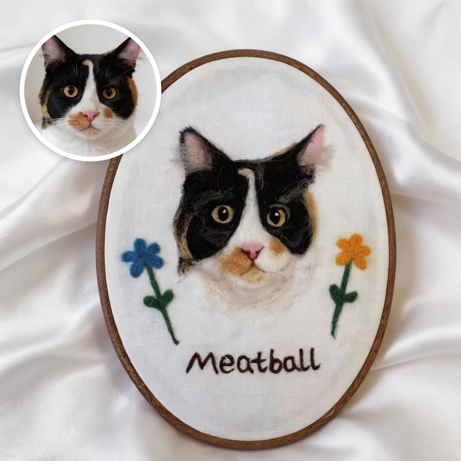 Close-up detail view of custom wool felt pet memorial portrait art highlighting the personalized finish.