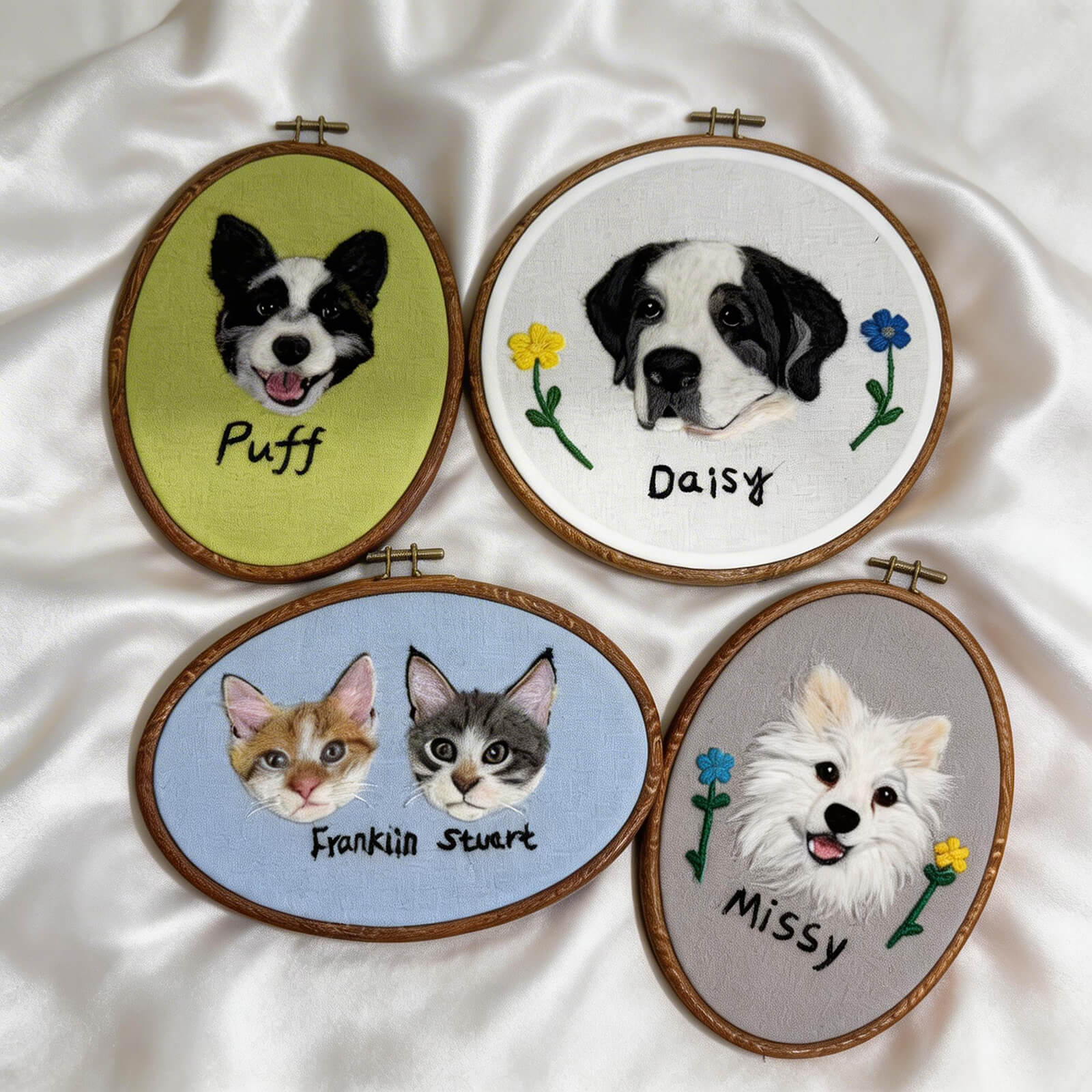 Front view of a handmade wool felt pet memorial portrait created from a photo.
