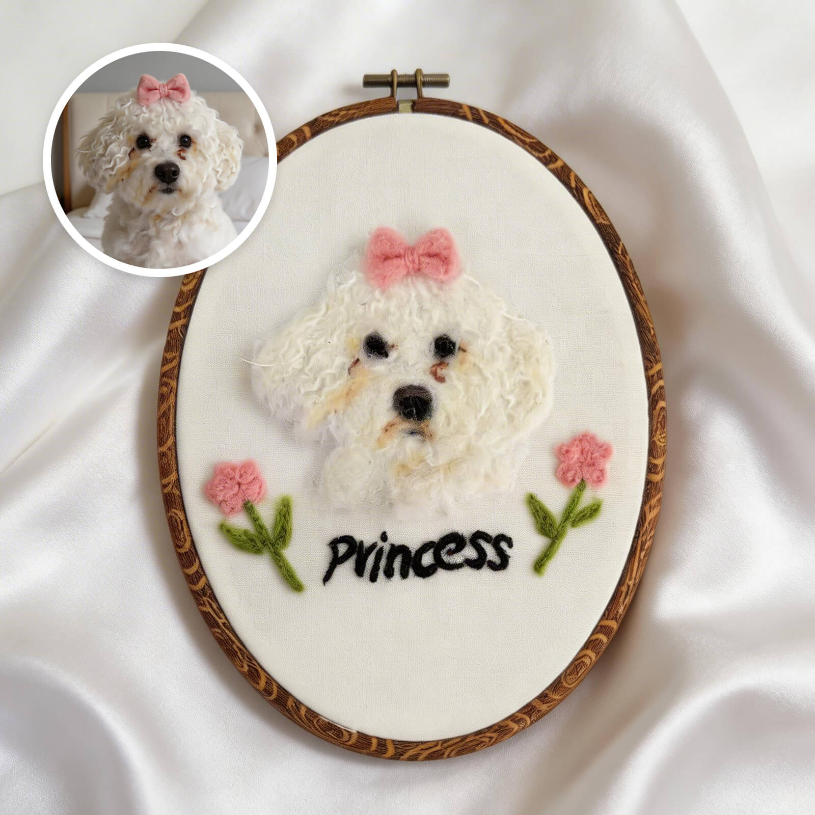 Handmade wool felt pet portrait displayed as custom memorial art.