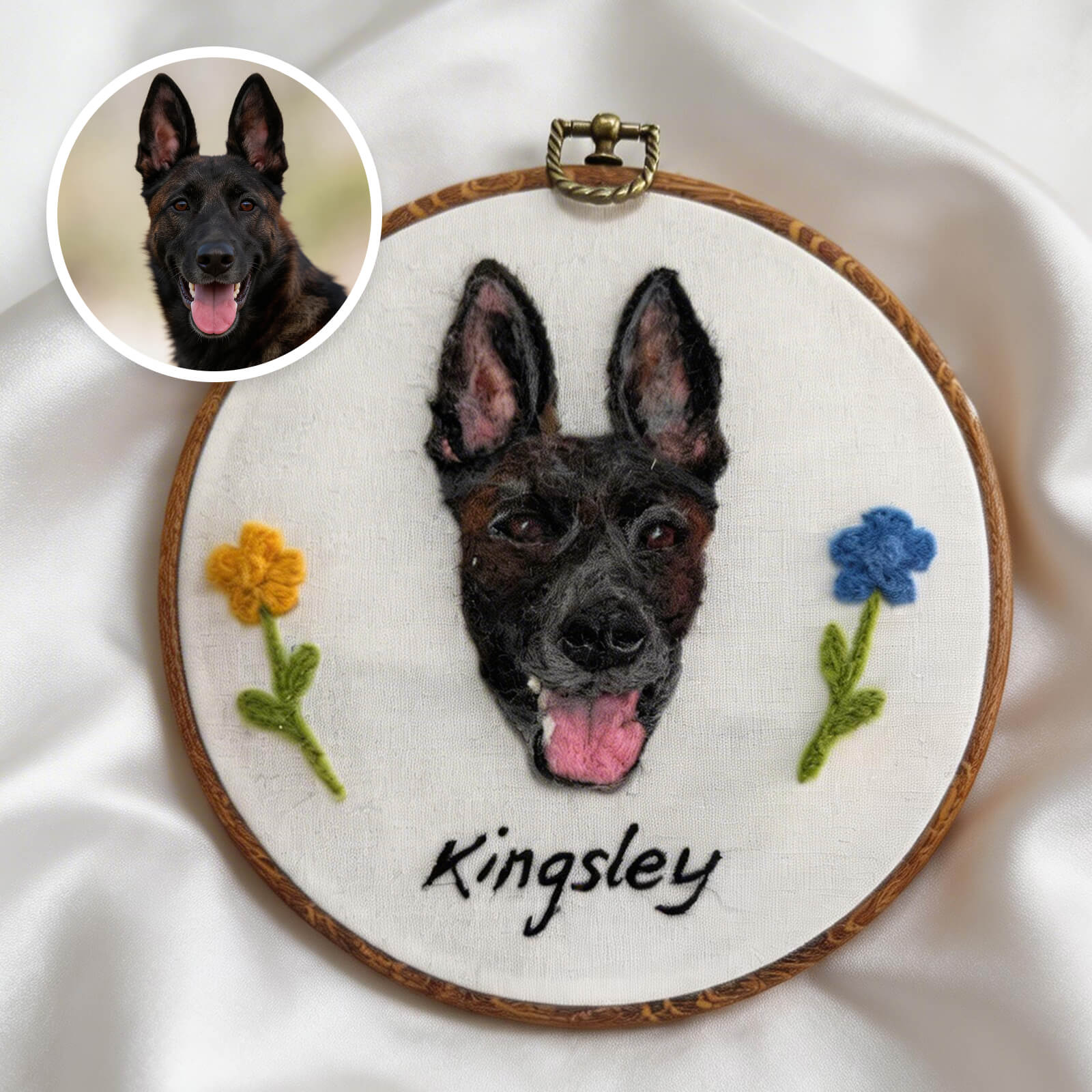Side angle of a wool felt pet portrait showing layered handmade texture.