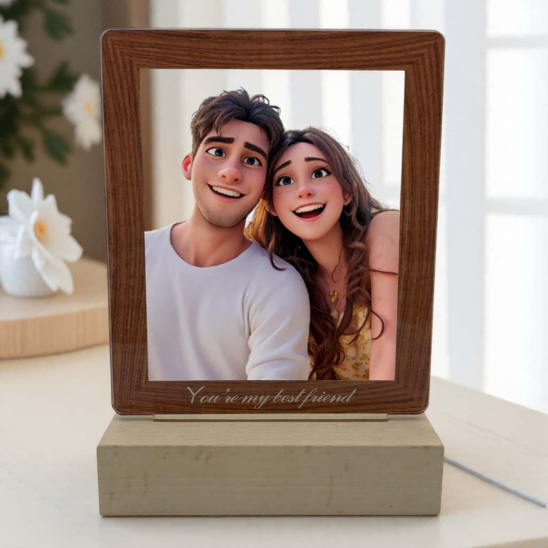 Product image of a personalized pet photo lamp with a custom acrylic LED frame.