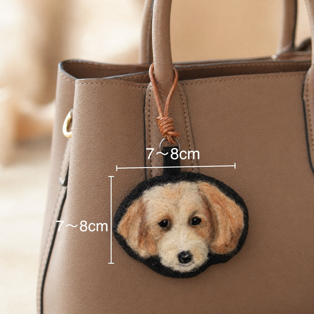 Product image of a needle felted pet keychain with a custom wool dog or cat portrait.