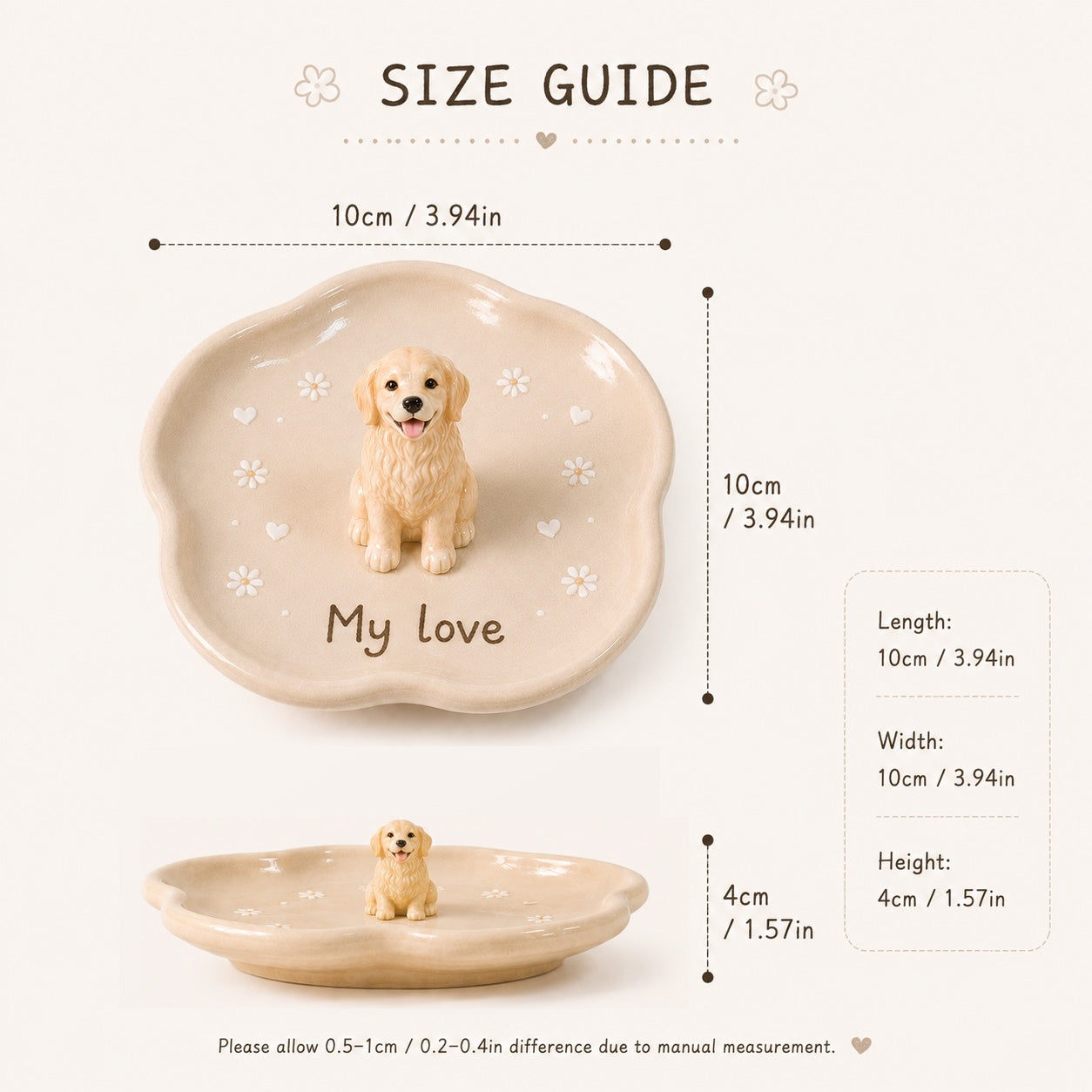 Product image of a custom pet figurine ring dish with a 3D dog or cat statue.