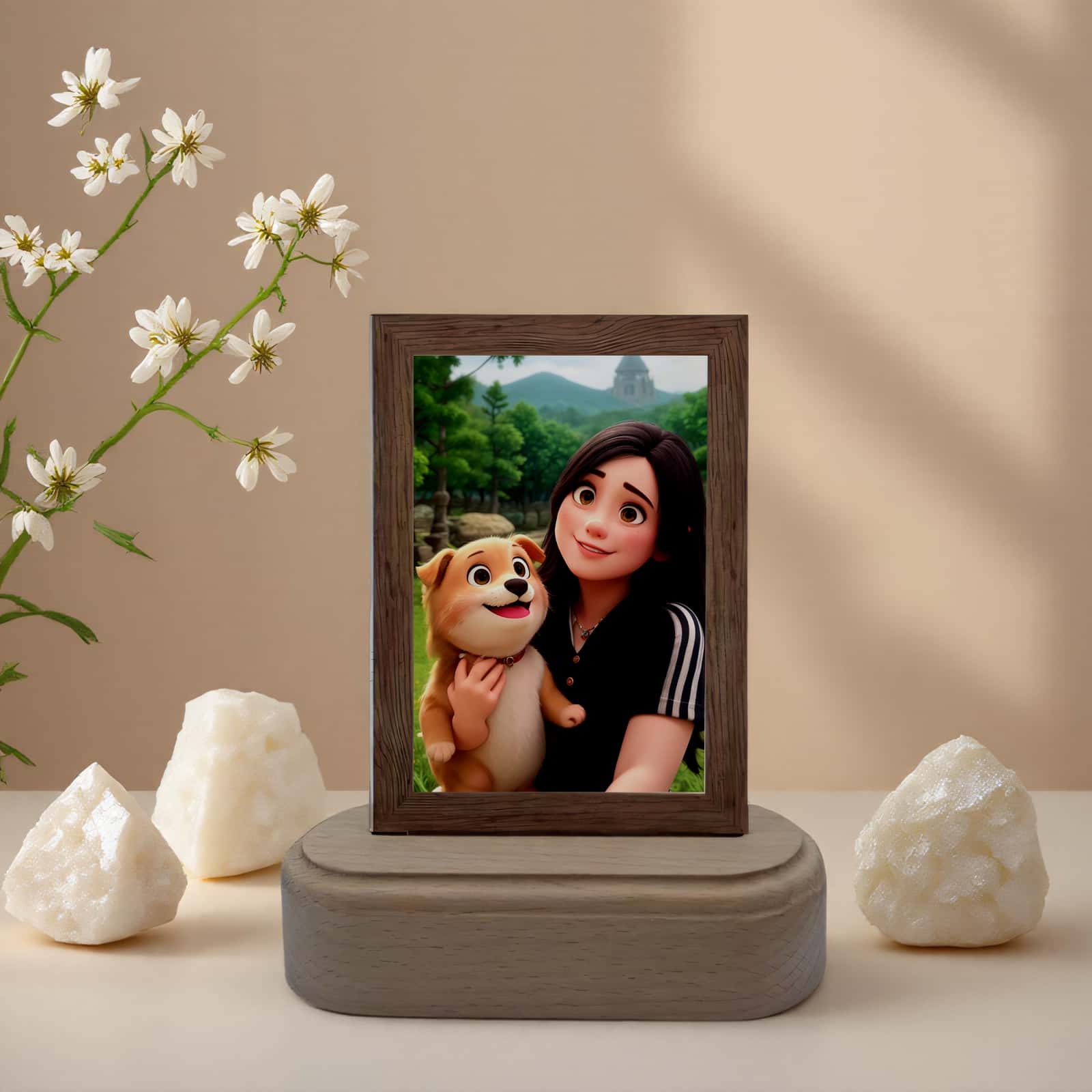 Product image of a personalized pet photo lamp with a custom acrylic LED frame.