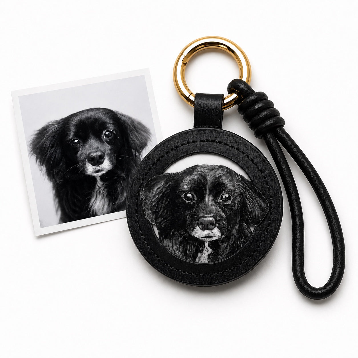 Product image of an embossed leather pet keychain with a custom dog or cat portrait.