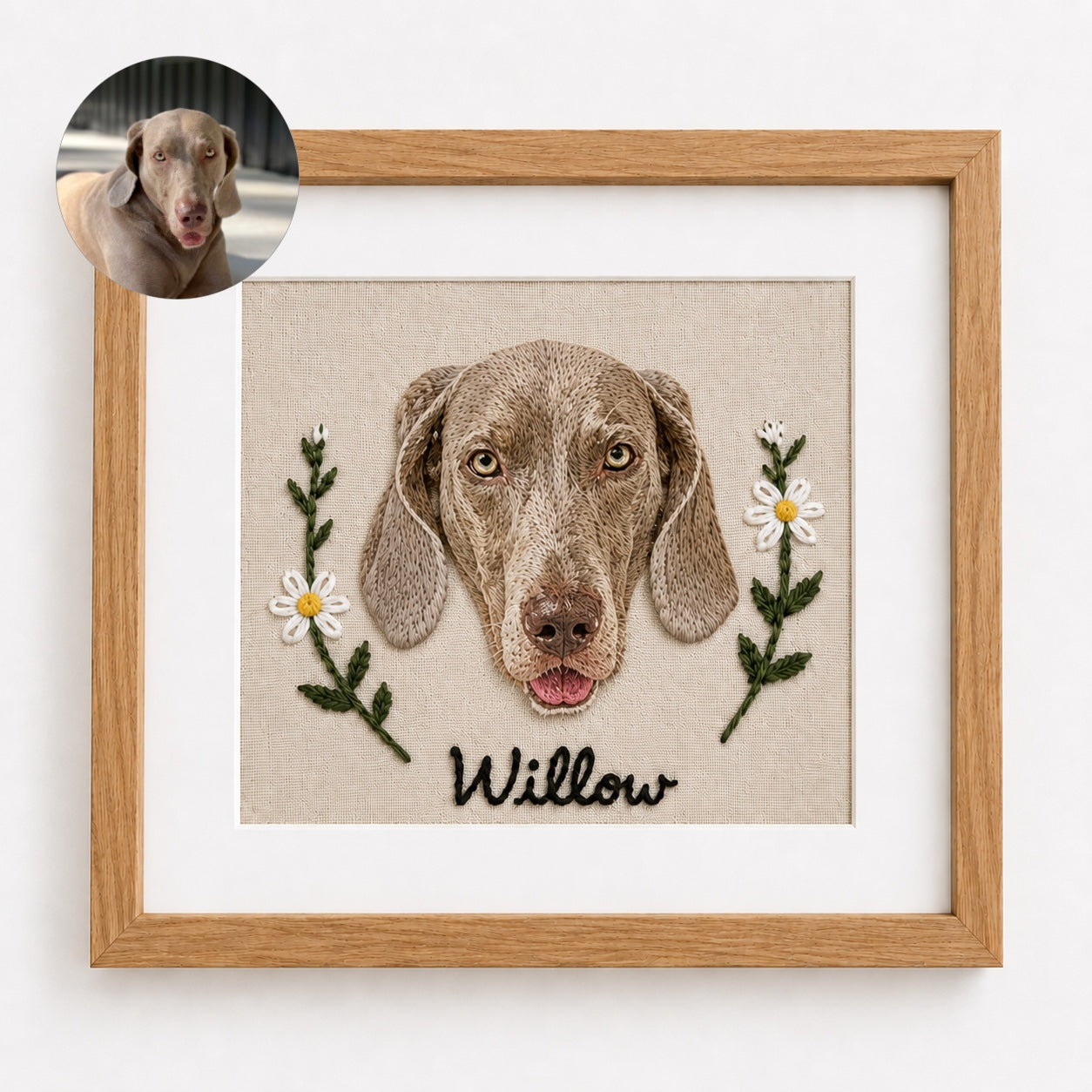Product image of a square custom pet embroidery frame with a personalized pet portrait and name.