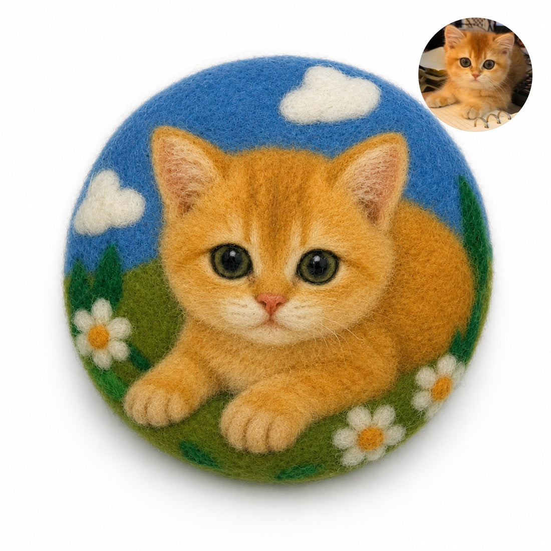 Wool felt pet portrait magnet with a brown dog in a flower garden beside a white fence.