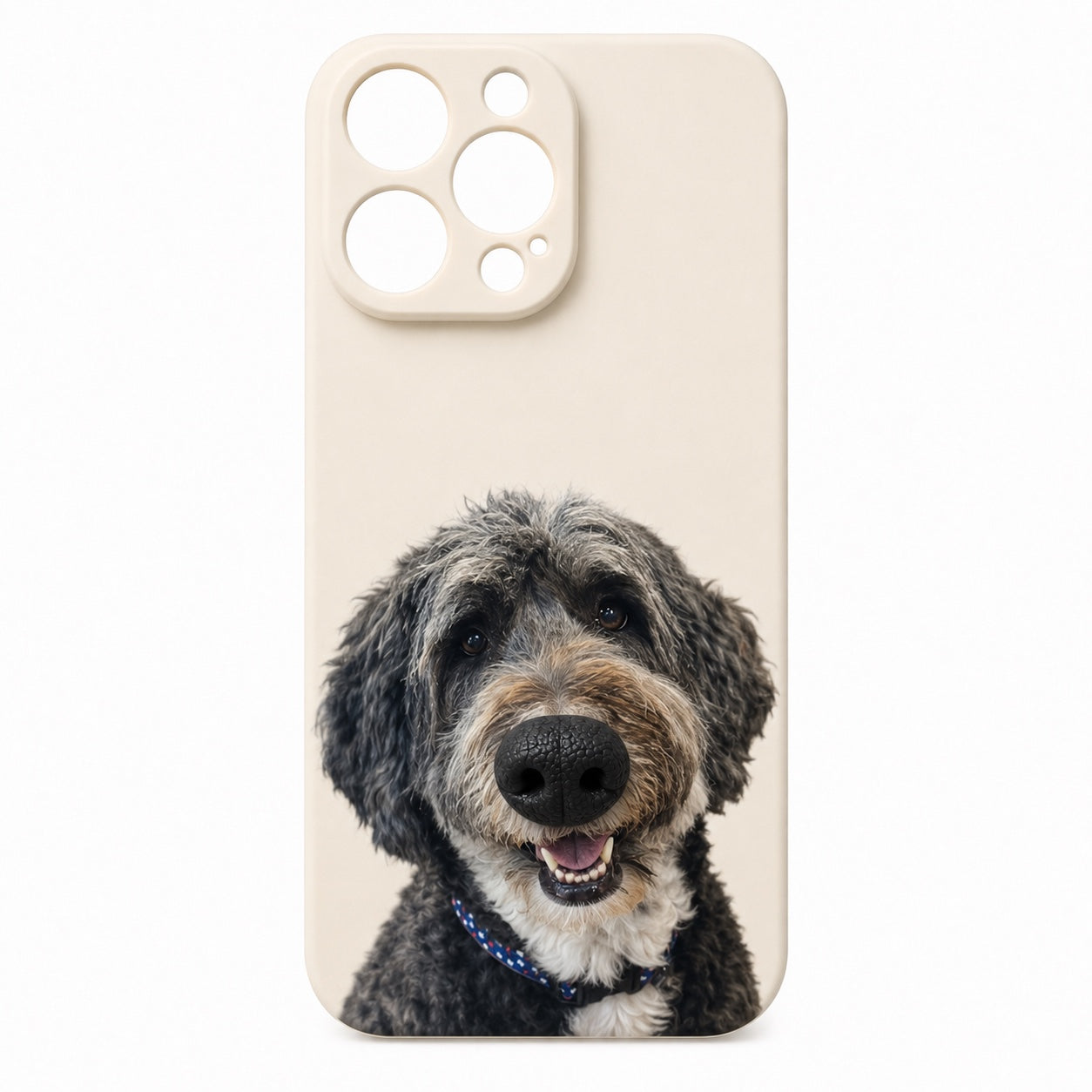 Product image of a custom dog phone case with a 3D silicone nose and pet portrait.