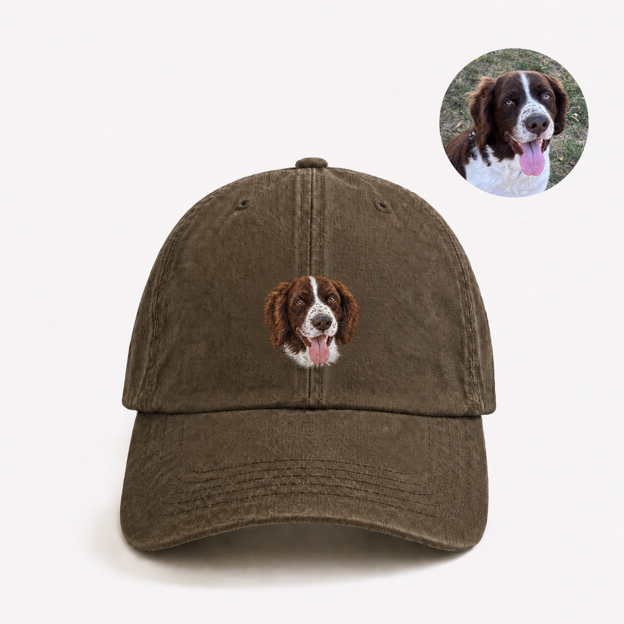 Product image of a custom pet portrait embroidered cap with your dog or cat's face and name.
