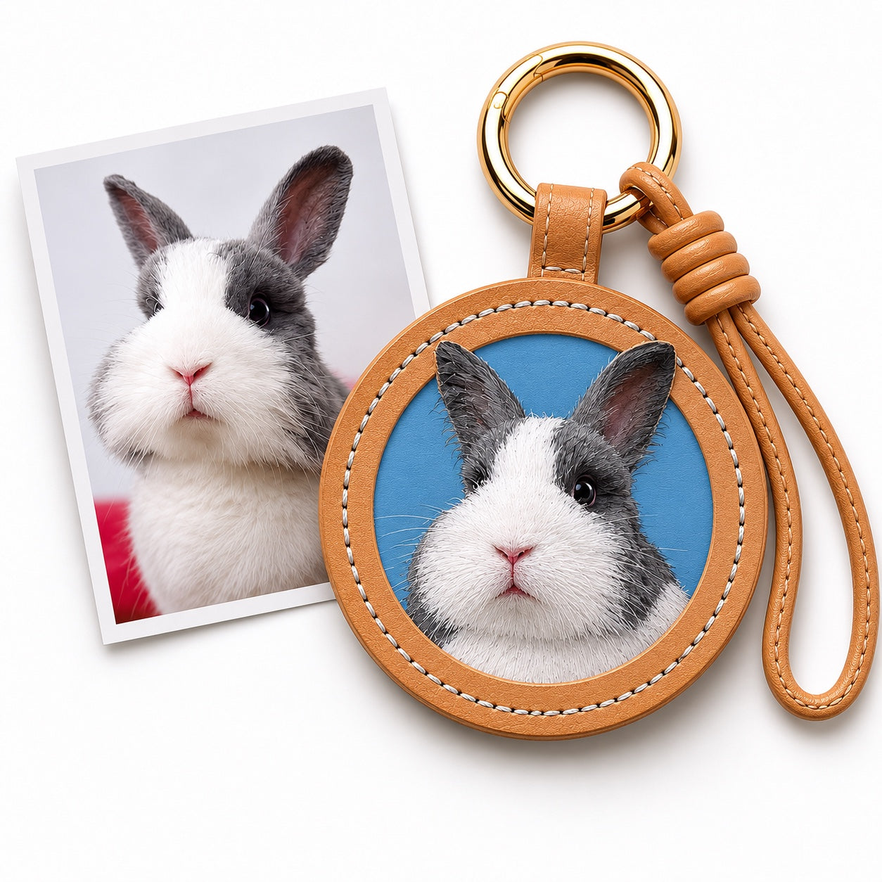 Product image of an embossed leather pet keychain with a custom dog or cat portrait.