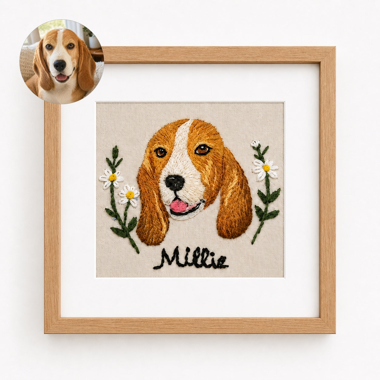 Product image of a square custom pet embroidery frame with a personalized pet portrait and name.