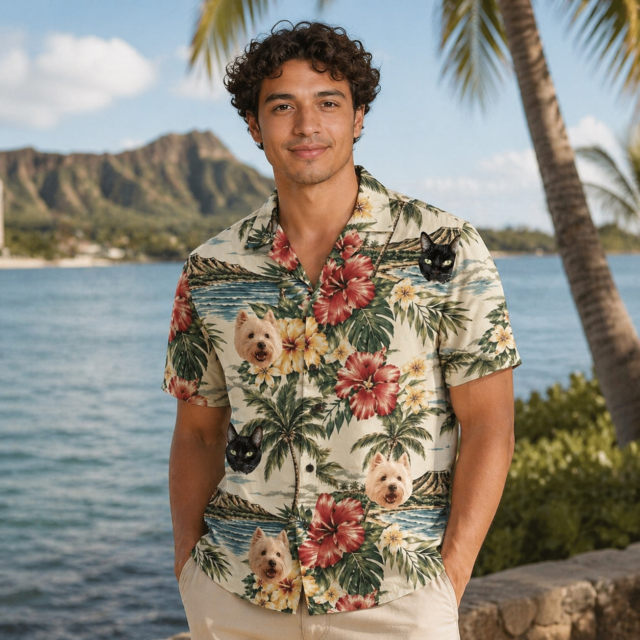 Product image of a custom pet face Hawaiian shirt made from a dog or cat photo.