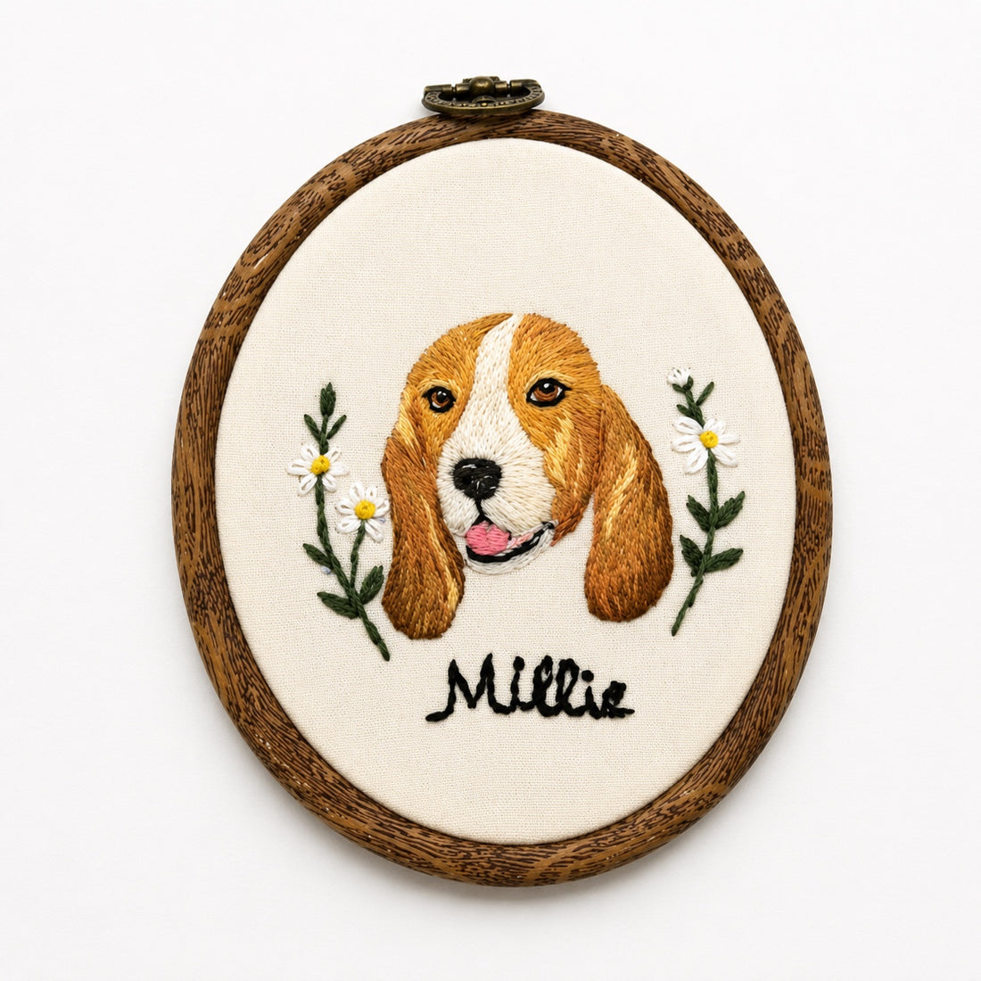 Product image of a round custom pet portrait embroidery frame for dog or cat wall art.