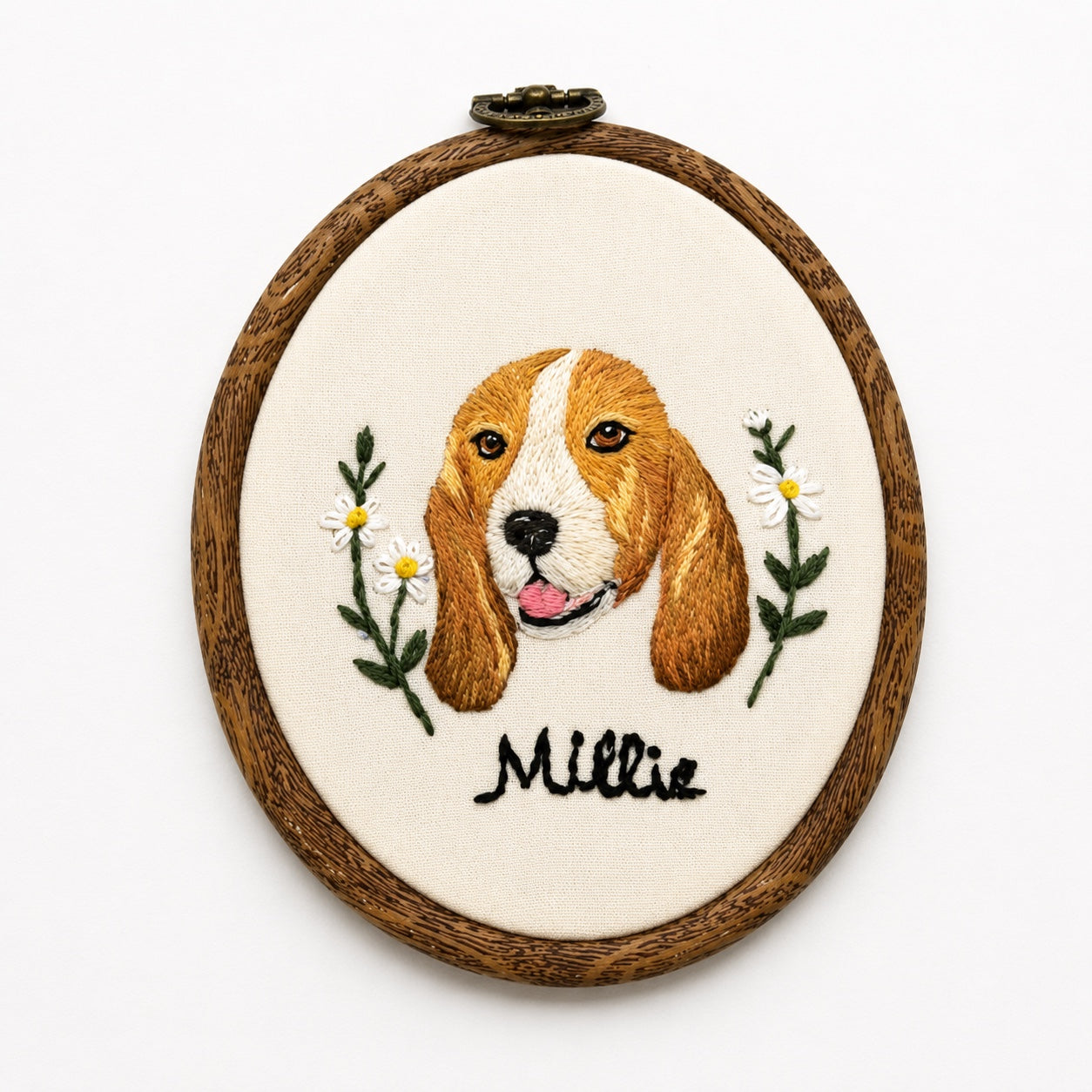Product image of a round custom pet portrait embroidery frame for dog or cat wall art.