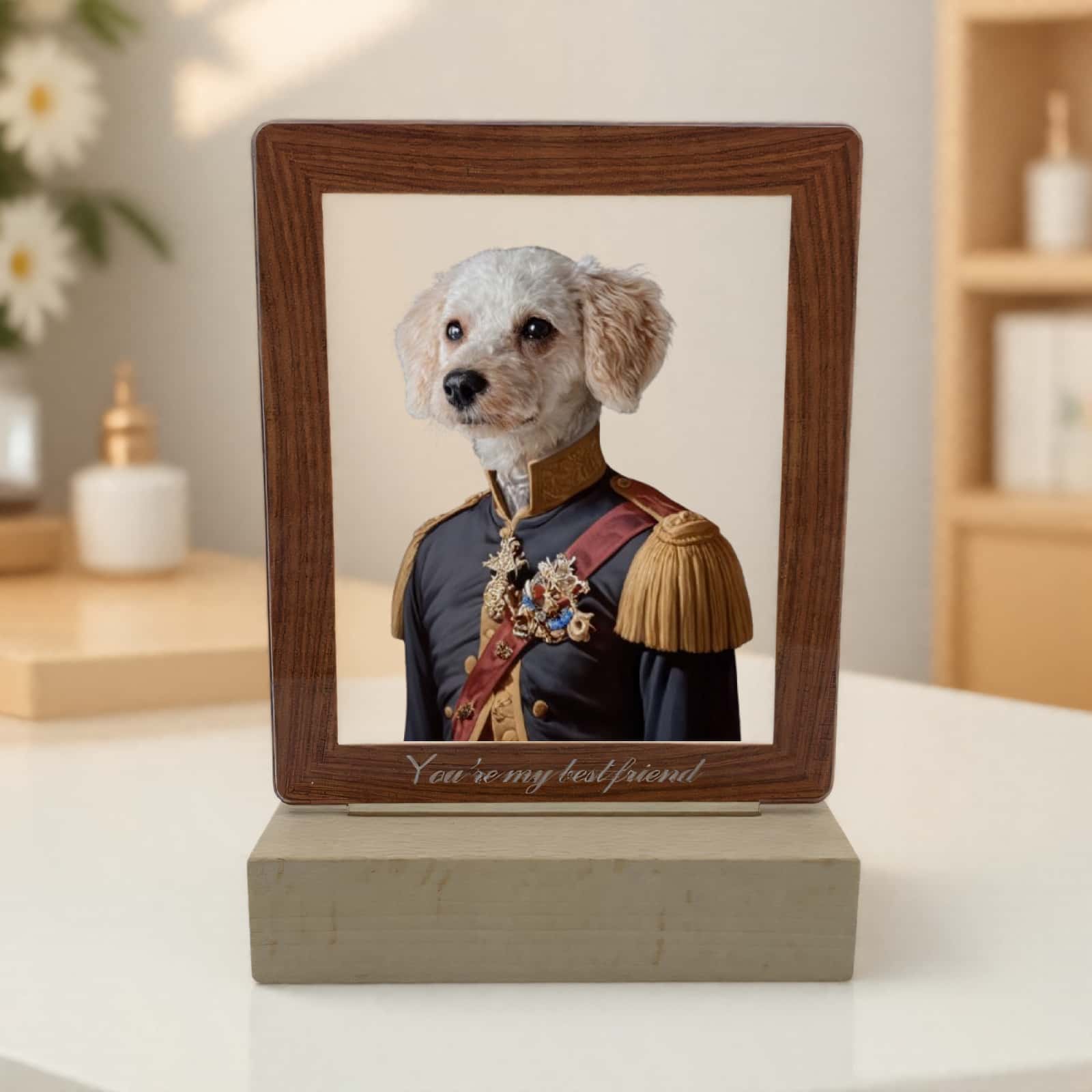 Product image of a personalized pet photo lamp with a custom acrylic LED frame.