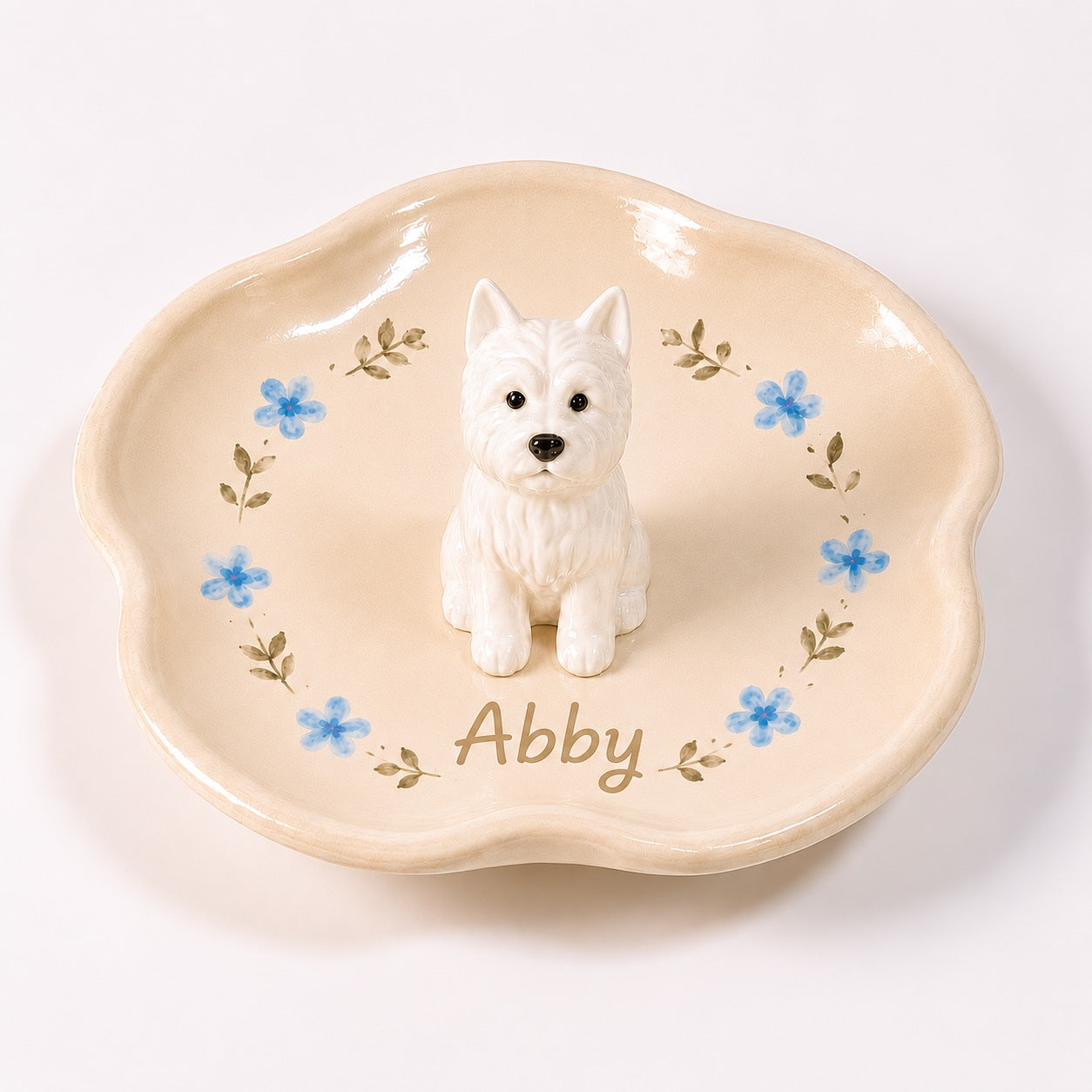 Product image of a custom pet figurine ring dish with a 3D dog or cat statue.