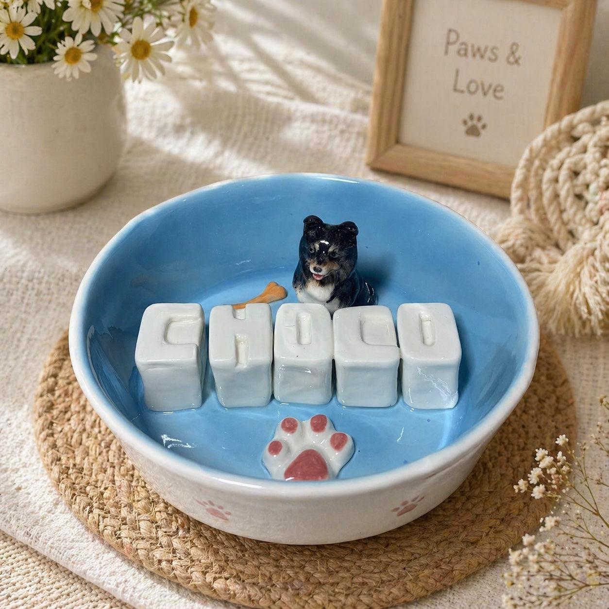 Product image of a custom name dog bowl with a personalized pet photo and ceramic feeding design.