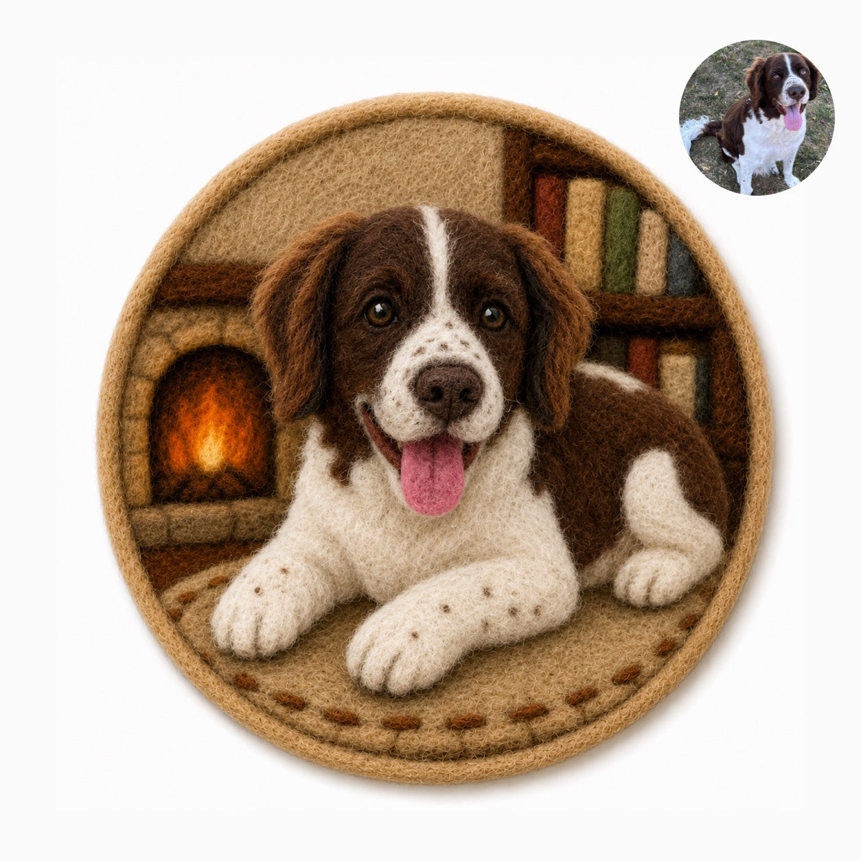Product image of a wool felt pet portrait magnet made from a dog or cat photo.