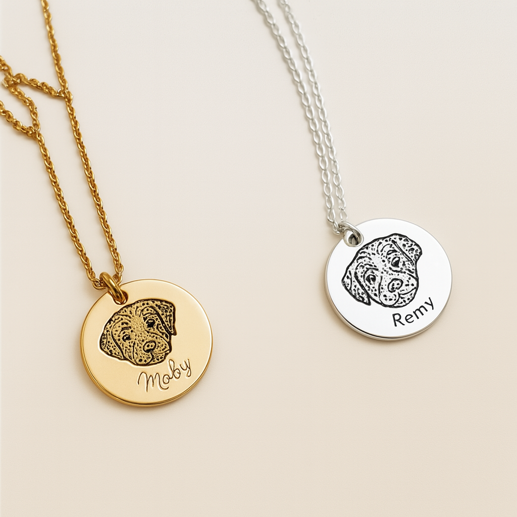 Product image of a stainless steel pet memorial necklace personalized with a pet name or portrait.