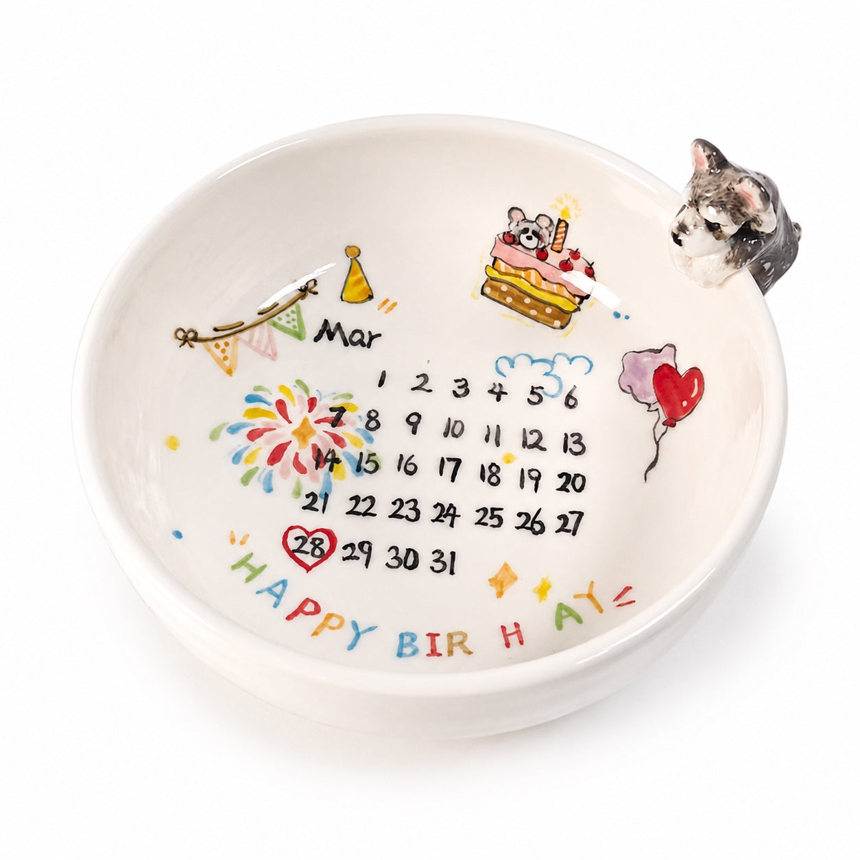 Product image of a personalized pet birthday bowl with a ceramic calendar design and 3D pet figurines.