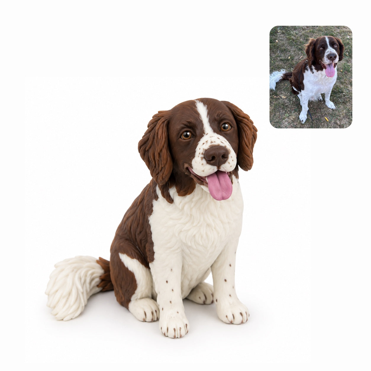 Product image of a handmade polymer clay pet sculpture with a custom 3D dog or cat figurine.