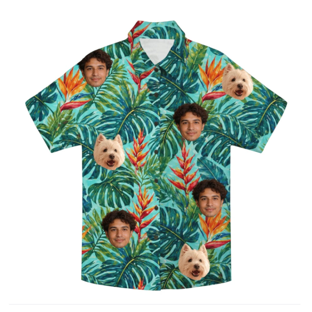 Product image of a custom pet face Hawaiian shirt made from a dog or cat photo.