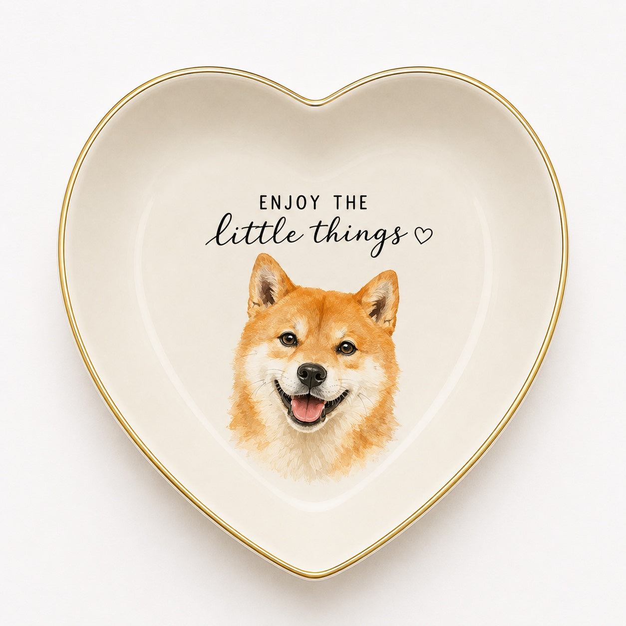 Product image of a custom pet portrait ceramic jewelry dish with a gold rim.