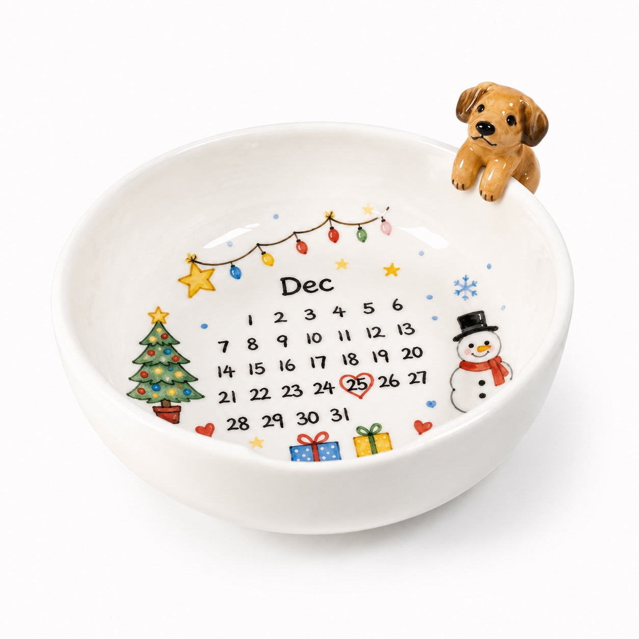 Product image of a personalized pet birthday bowl with a ceramic calendar design and 3D pet figurines.