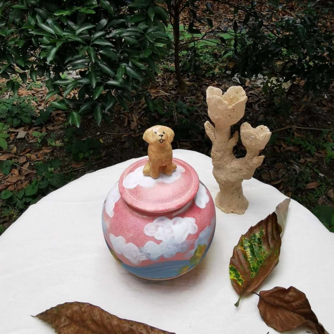 Handmade Ceramic Pet Urn for Ashes with 3D Figurine Lid shown in an additional product image for shoppers comparing details.