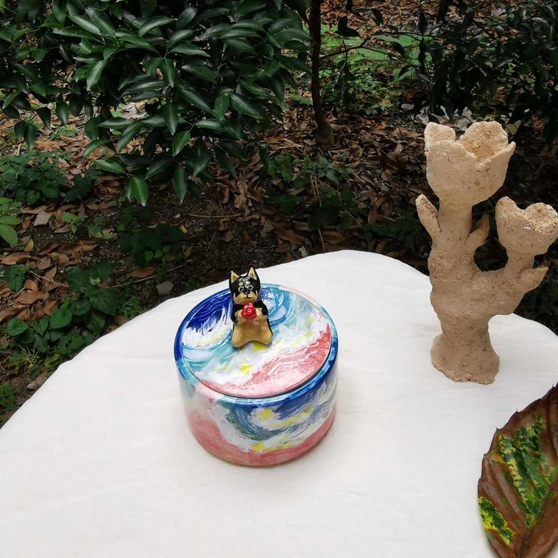 Handmade Ceramic Pet Urn for Ashes with 3D Figurine Lid shown in an additional product image for shoppers comparing details.