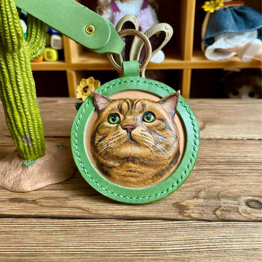 Handmade Leather Pet Portrait Keychain with Engraving Option shown in an additional product image for shoppers comparing details.