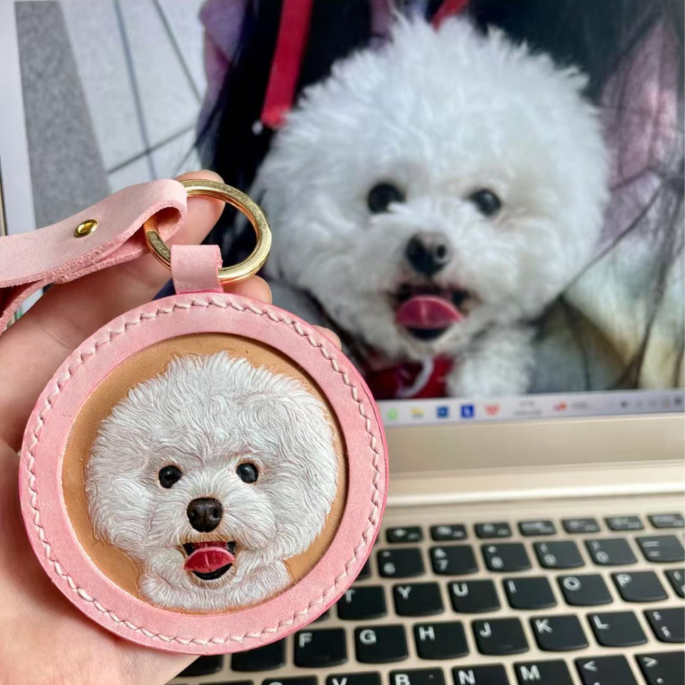 Handmade Leather Pet Portrait Keychain with Engraving Option shown in an additional product image for shoppers comparing details.