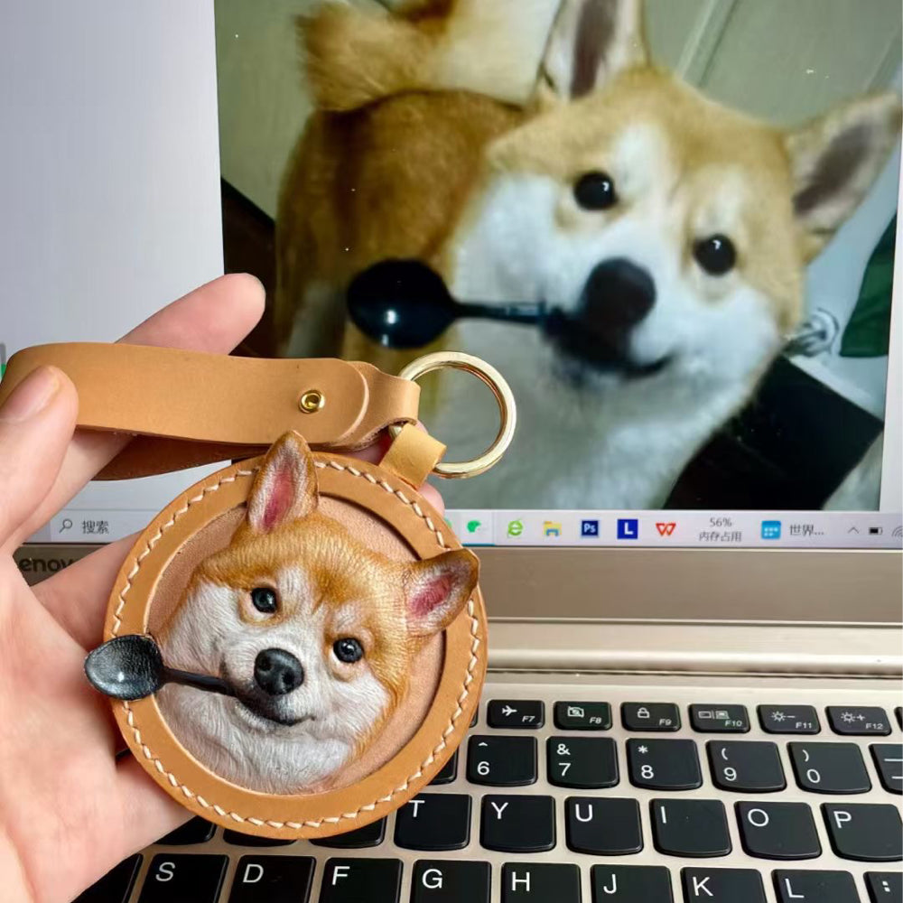 Handmade Leather Pet Portrait Keychain with Engraving Option shown in an additional product image for shoppers comparing details.