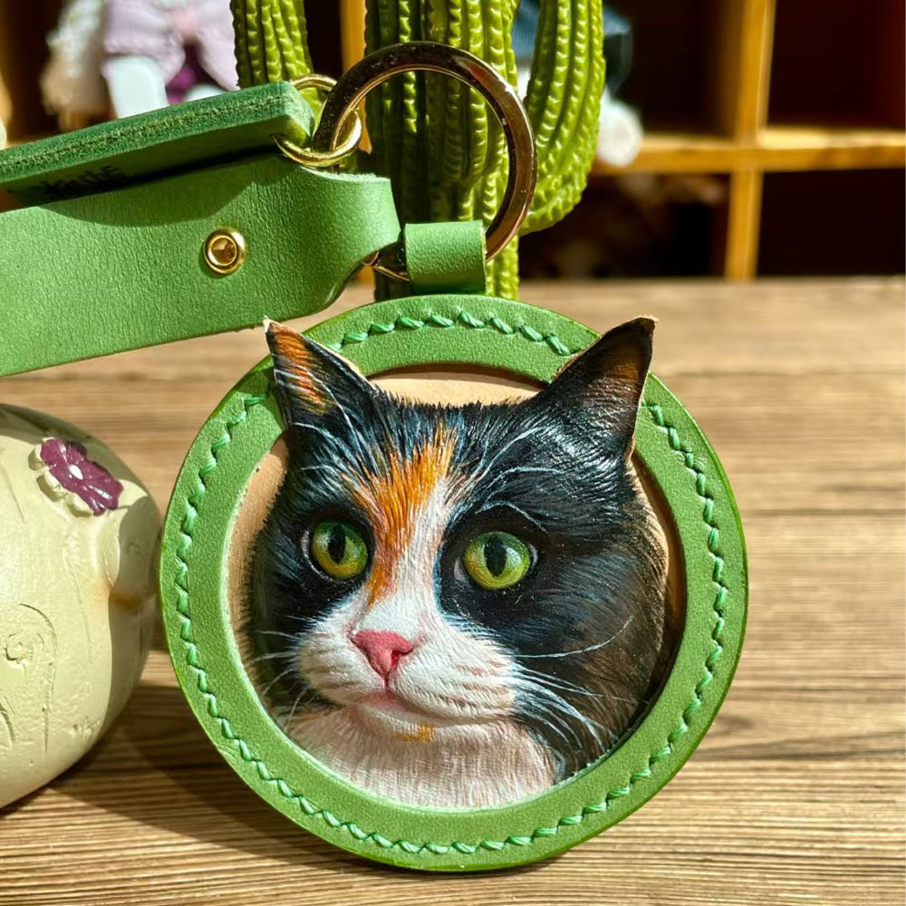 Handmade Leather Pet Portrait Keychain with Engraving Option shown in an additional product image for shoppers comparing details.